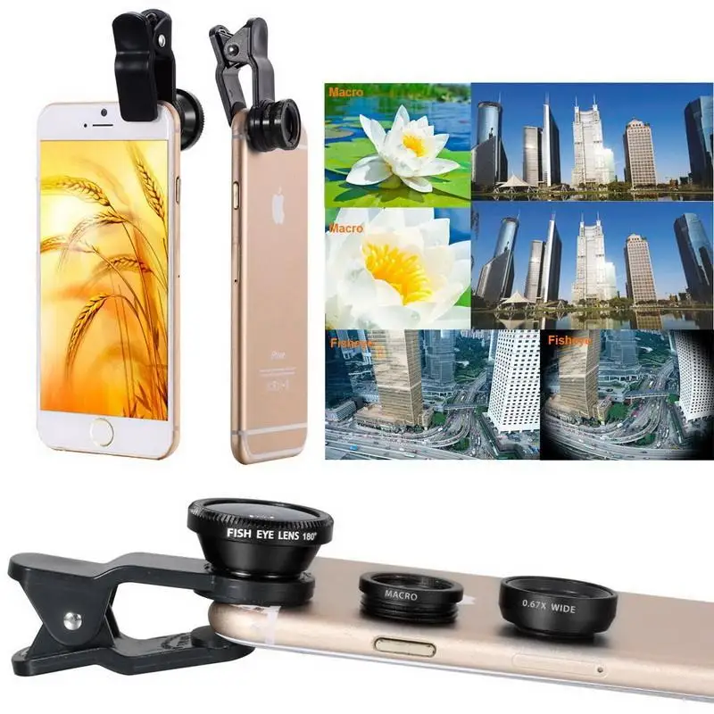

smartphone webcam Angle 0.65X Wide Angle 10X Macro Zoom Lens 3 in 1 Clip On 180 Degree Glass Fish Eye Camera Mobile Phon