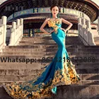 2021 синий Русалка Вечерние платья Длинные с золотыми аппликациями Милая жесткий атлас платье для выпускного вечера вечерние платья