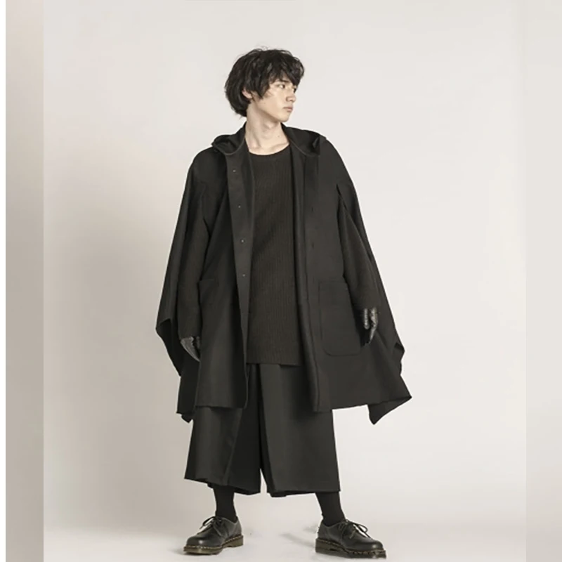 Men's Casual Personalized Wool Coat New Autumn And Winter Tide Cloak Long Loose Hooded Bucket Awning European American | Мужская