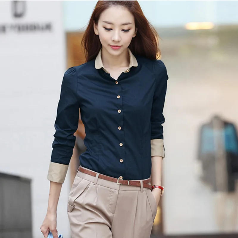 Work Long Sleeve Shirts Women Office Blouses Turn Down Collar Button Casual Slim Shirt Ladies Chiffon Tops Korean Blue Blusas