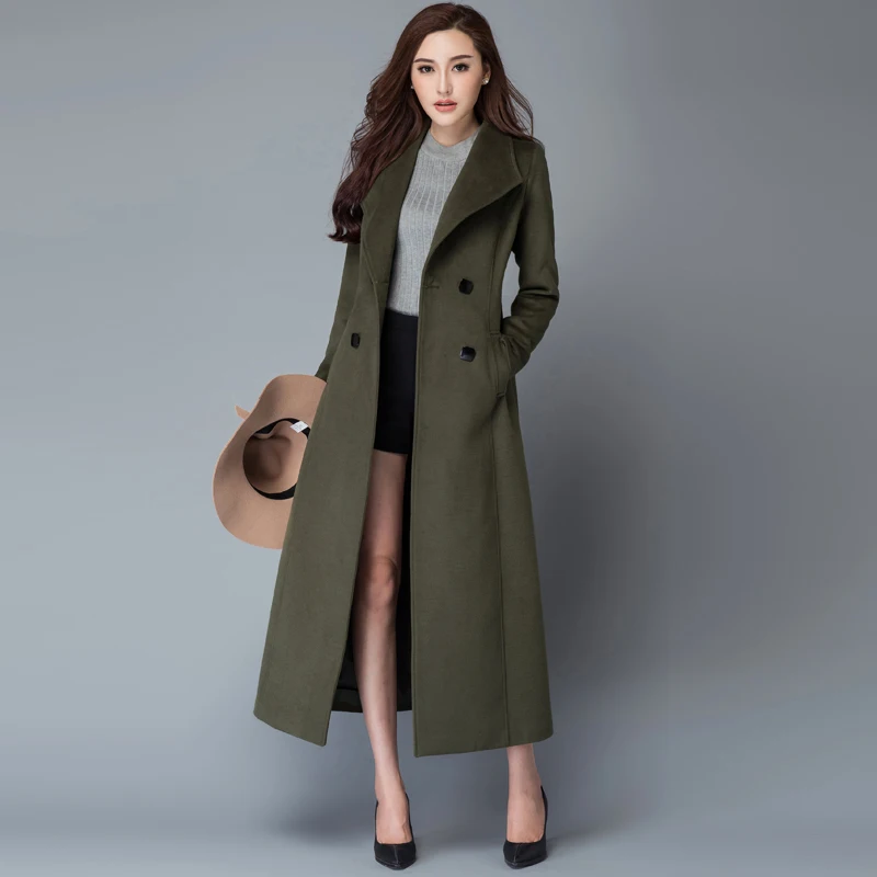

Двубортное шерстяное пальто выше колена, женское теплое зимнее пальто в стиле милитари, тонкое кашемировое теплое шерстяное пальто с поясо...