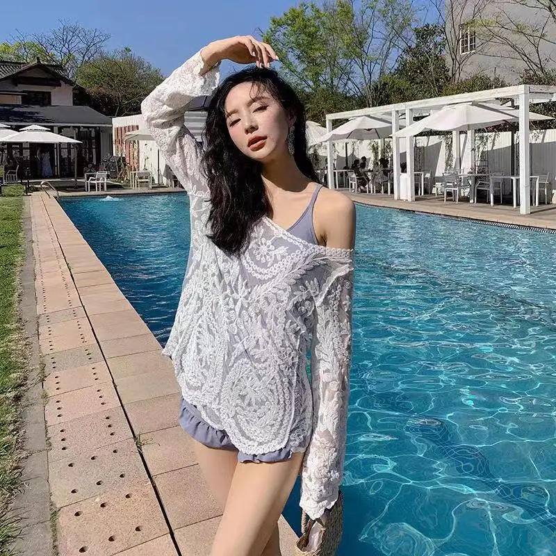Белый кружевной купальник летнее женское Прозрачное платье с цветочным принтом