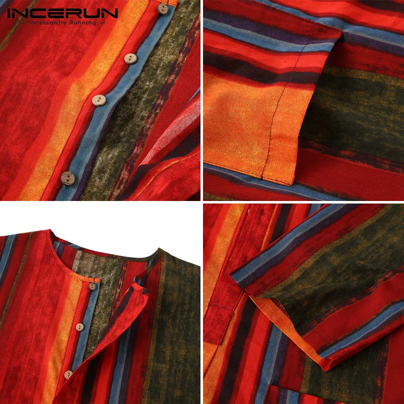

Loose Pockets Mens Robes INCERUN Vintage Striped Print Saudi Arabic Robes For Men Long Sleeve Round Neck Cotton Jubba Thobe 5XL7
