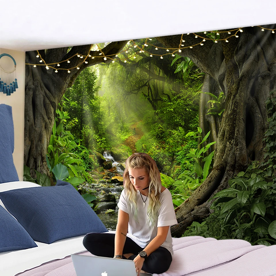 

Scenery tapestry beautiful natural forest printing large wall fabric bedspread beach towel home decoration travel sleeping mat