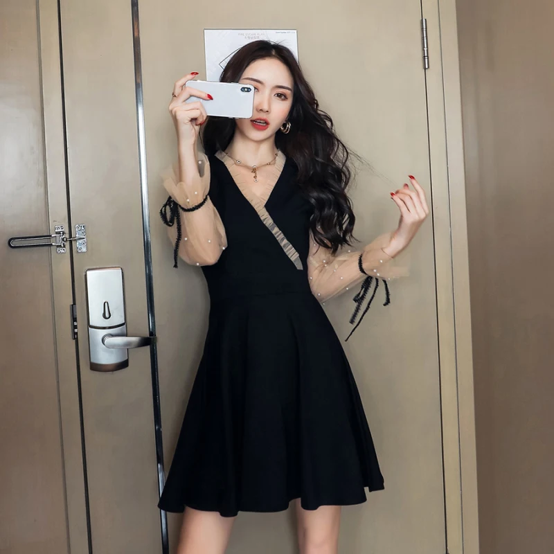 2019 осенне зимнее винтажное платье черного цвета в Корейском стиле Сетчатое