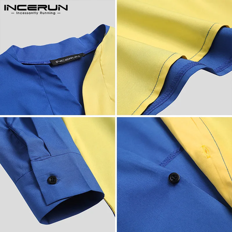 

Man Leisure Korean Shirts INCERUN Patchwork Shirts Men Long Sleeve V Neck Camisa Color Stitching Blusas Loose Button Up Chemise
