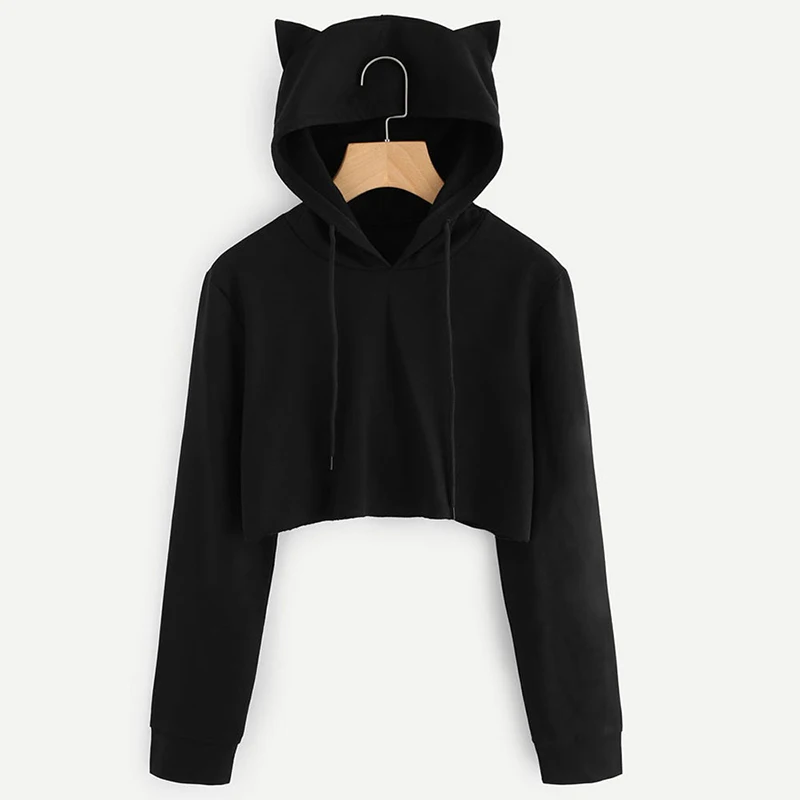 2021 Autumn Winter Hot Sale Cat Ears Hoodies For Women Crop Top Hoodie Sweatshirts Harajuku Sexy Kpop Pure Black Hooded Cropped