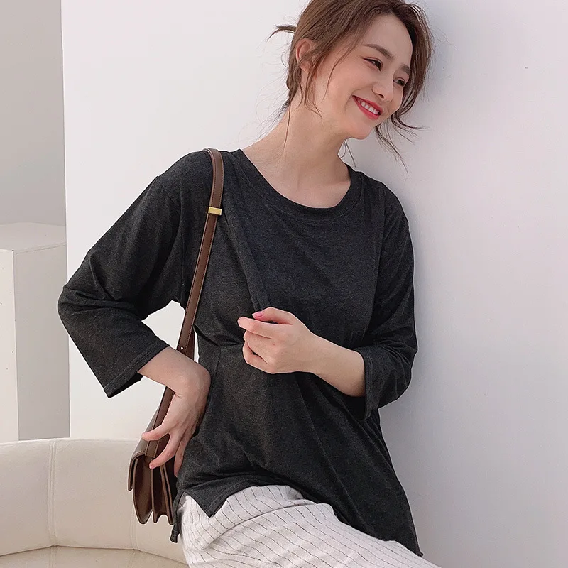 

Nursing Cover Breastfeeding 2021 Modal Loose High Elastic L-Sleeve Pregnant Women Solid Color Base Shirt Comfortable Breathable
