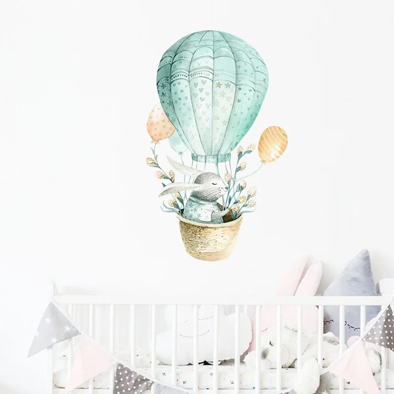 Cartoon Bunny Hot Air Balloon Wall Sticker kids child room home decoration wallpaper Cute animals bedroom mural nursery stickers | Дом и сад