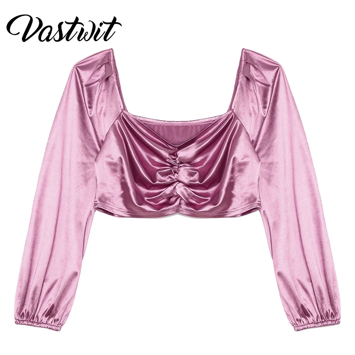 

Women Plus Size Satin Pure Color Crop Tops Long Puff Sleeve Square Neck Ruched Front Sexy Blouse for Party Wedding