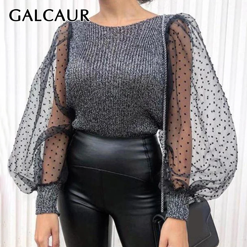Женский сетчатый свитер GALCAUR в стиле пэчворк вязаный пуловер с круглым вырезом и