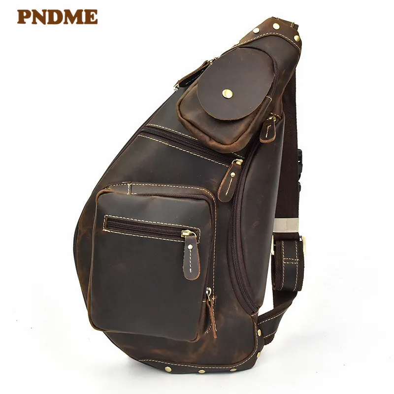 Retro personality multi-pocket design genuine leather men's chest bag outdoor travel crazy horse cowhide shoulder crossbody bag
