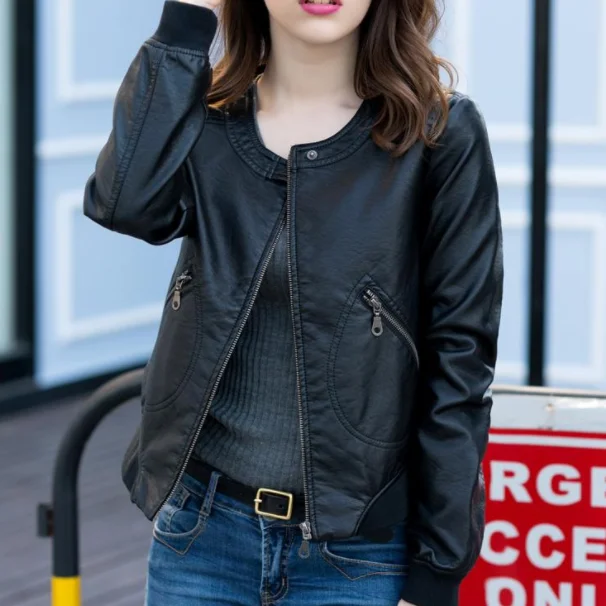 Женская Осенняя кожаная куртка повседневная бомбер из искусственной кожи модель