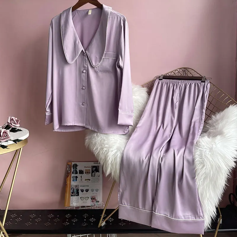 

Ice Silk Pajamas Women's Spring Autumn Long Sleeve Trousers French Elegant Home Clothes