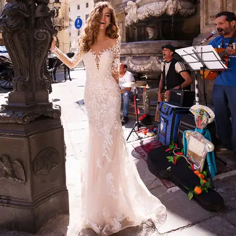 Wedding Dresses For Women 2022 Lace V Neck Mermaid Bride Gowns Long Sleeves Flower Appliques Robe De Mariée Elegant Girl Clothes