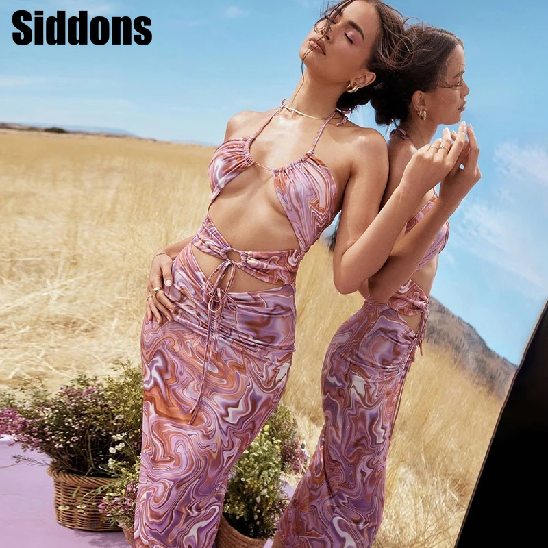 

Women O-Neck Spaghetti Strap Hollow Out Dress Sexy Sleeveless Bandage Drawstring Maxi Dress