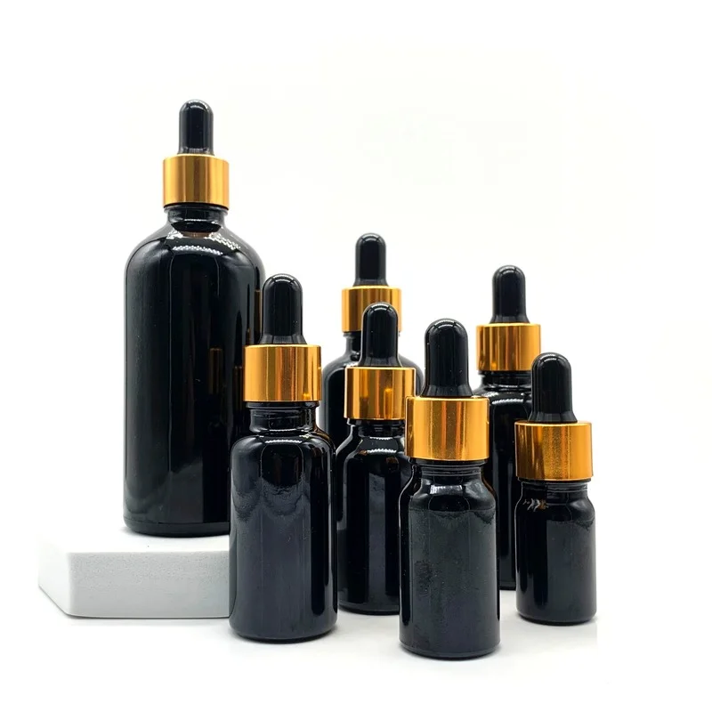 Gold Lid Cosmetic Container Black Dropper Glass Aromatherapy Liquid For Essential Massage Oil Pipette