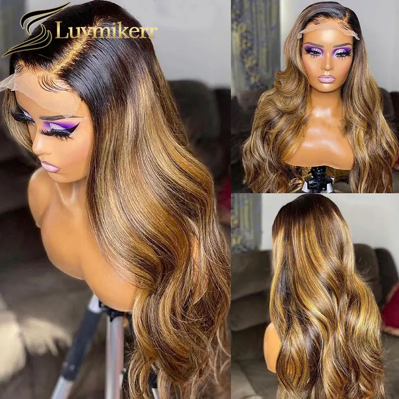 

Highlight Honey Blonde Ombre HD Transparent 13x6 Lace Frontal Wig Body Wave 28 30 Inch Pre Plucked Human Hair Wig Bleached Knots