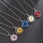 Женское ожерелье ручной работы, модное ожерелье с подвеской из натурального сухих цветов, прозрачное круглое ожерелье из смолы с натуральным сухим цветком, ювелирные изделия