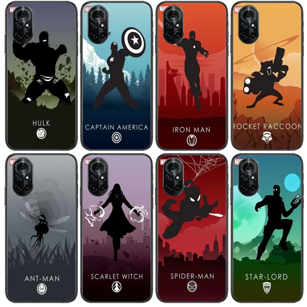 

Heroes of Marvel Clear Phone Case For Huawei Honor 20 10 9 8A 7 5T X Pro Lite 5G Black Etui Coque Hoesjes Comic Fash design