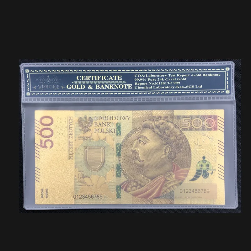 Высокое качество для цвета Poland Banknote 500 PLN чистое золото банкнота в 24k золото с КоА рамкой для Прямая - Цвет: Сливовый
