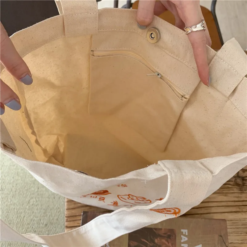 

Shopping Bags Women Canvas Shoulder Embroidery School Satchel Students Ins Trends Ulzzang Big Capacity Eco All-match Shoppers