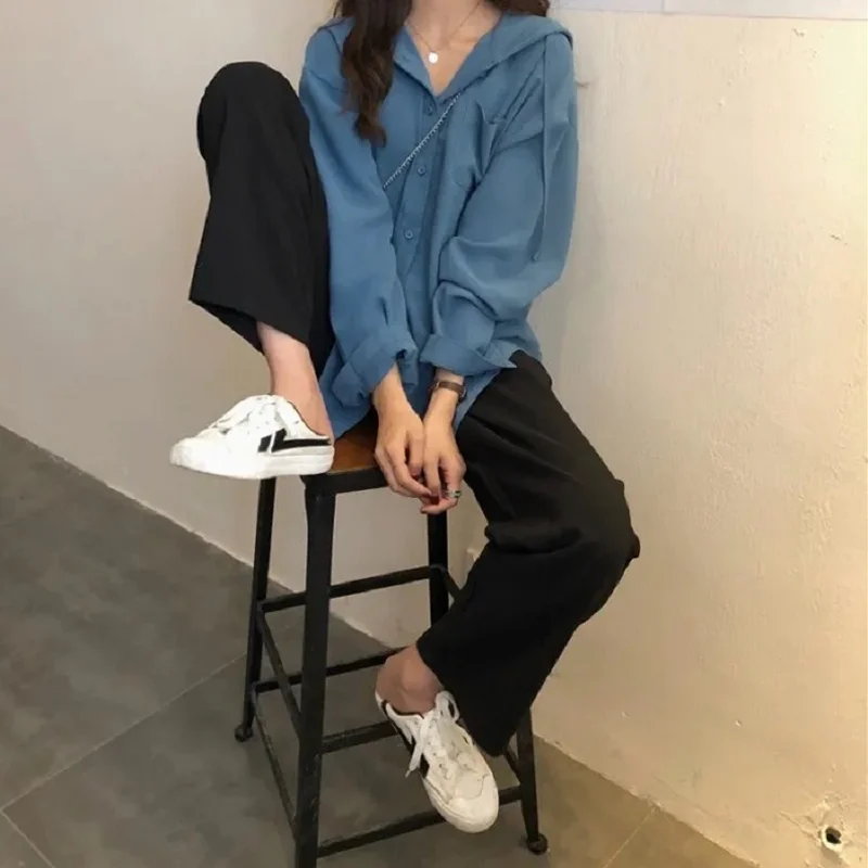 

Женская туника с капюшоном в уличном стиле, блузка на пуговицах, дамские рубашки большого размера с длинным рукавом, модель 2022 года, весенние женские топы