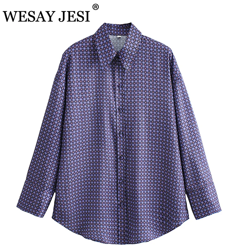 

WESAY JESI Women‘s Shirts New Fashion With Covered Buttons Geometric Print Blouses Vintage Long Sleeve Loose Female Chic Tops