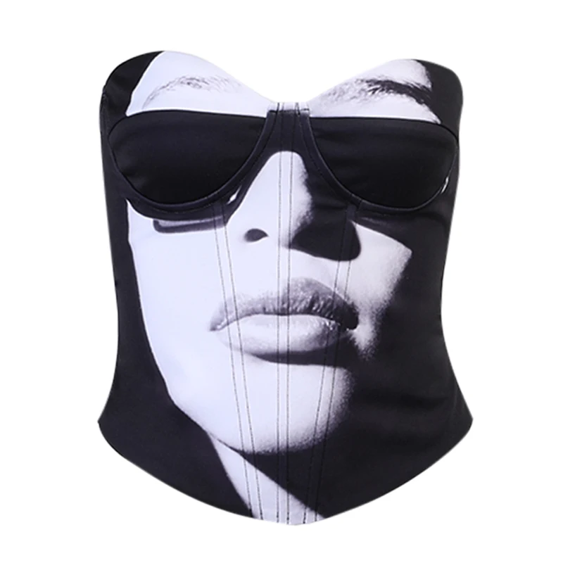 

InsDoit Corset Sleeveless Mall Goth Sexy Strapless Slim Streetwear Harajuku Print Summer Crop Top Women Asymmetric Fashion Tops
