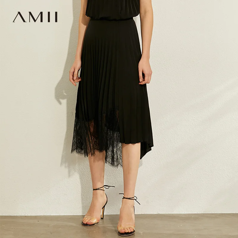 AMII минимализм весна лето плиссированные дизайн Кружева Сращивание Женская юбка