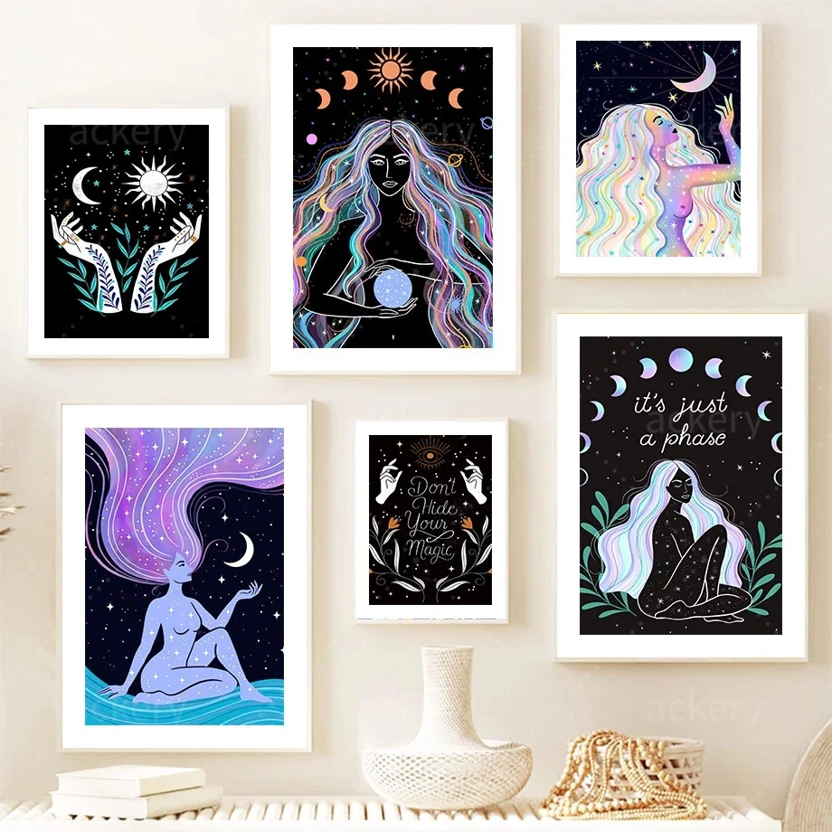 

Flower Leaf Witch Witchcraft Moon Sun Wall Decor Art Canvas Painting Posters And Prints For Decorating Living Room Boho Decor