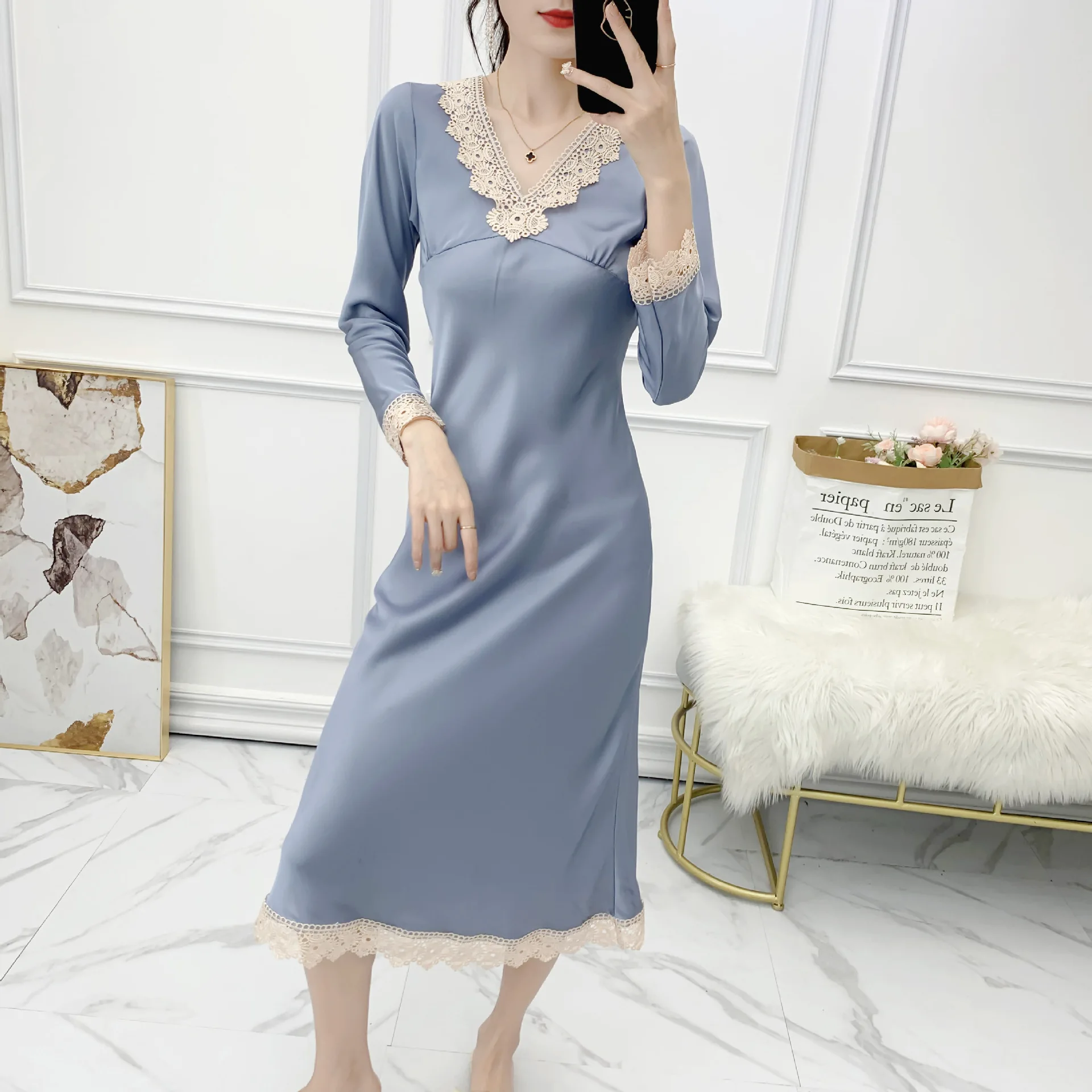 

Gray Sexy Lace Floral Lady Nightgown Full Sleeve Rayon Nightdress Bride Dressing Gown V-Neck Long Sleepshirts Summer Home Skirt