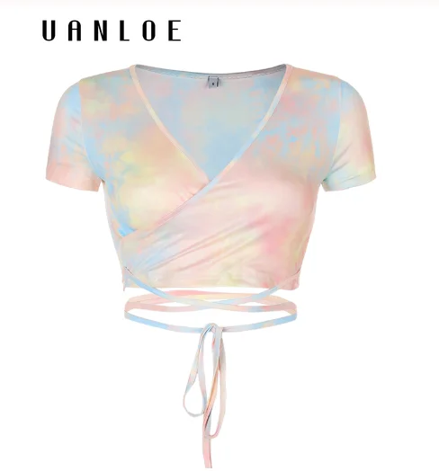 

Tie Dye Summer Women's T-shirts Sexy Cross Lace up Tshirt Streetwear Fashion V Neck Tees Short Sleeve Crop Tops