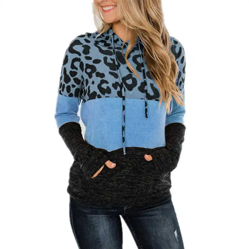 

ICCLEK Hooded T-shirt Long Sleeve Tops Tee Patchwork Loose Tee Shirts Women Clothes 2021 Spring Autumn T-shirt Pocket Leopard