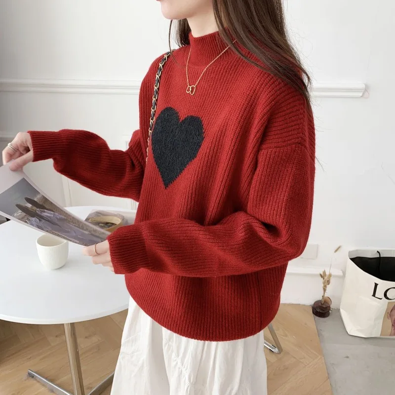 Autumn Winter Korean Elegant Heart Print Thick Sweaters Women Fashion Chic Lazy Wind High Street Pullover Female Warm Jumpers