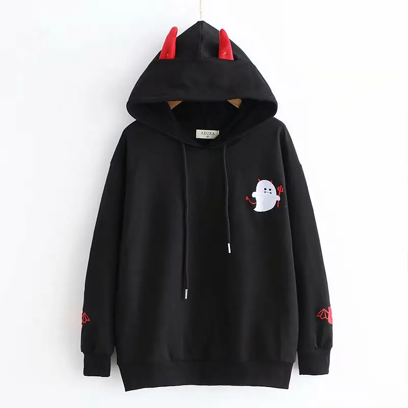 

Harajuku Hoodies Girl Little Devil Horns Gothic Hooded Sweatshirts Women Autumn Loose Lolita Pullovers Tops Black White