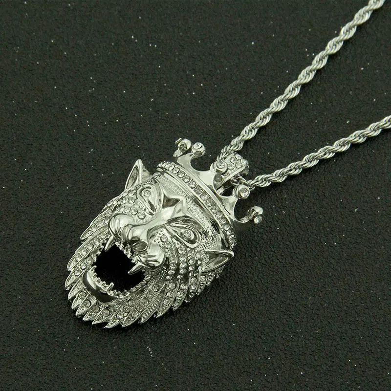 

Hip hop Men Crystal King Crown Lion Head Pendant Necklace Gold Color Punk Animal Pendant Chain Jewelry
