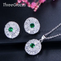 threegraces luxury designer green cubic zirconia stone big round necklace and earrings jewelry sets for women party gift js158