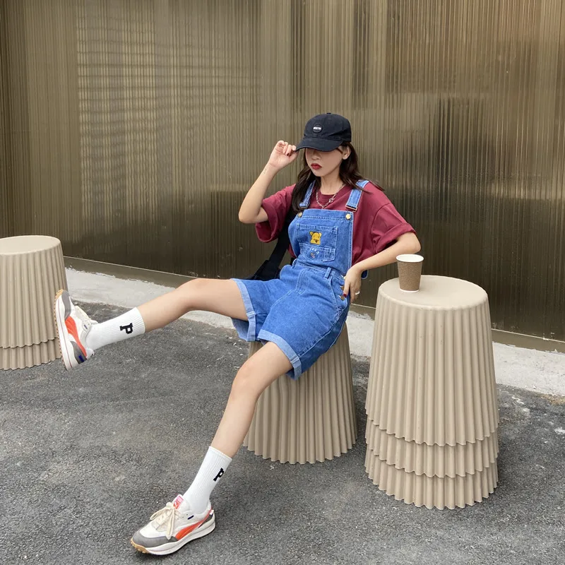 

New Summer Casual Female Cartoon Embroidery Bear Overalls Vintage Korean Loose Denim Women Rompers Shorts