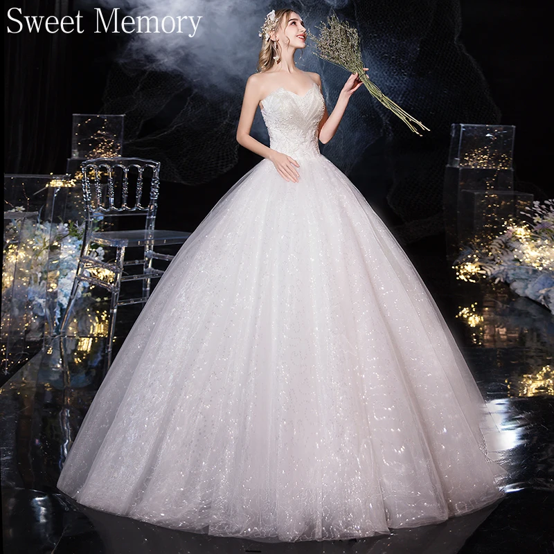 

Bride Summer Sexy Strapless Long Wedding Dresses 2021 Women Lace Up White Wedding Gowns Princess Luxury Robe Sweet Memory