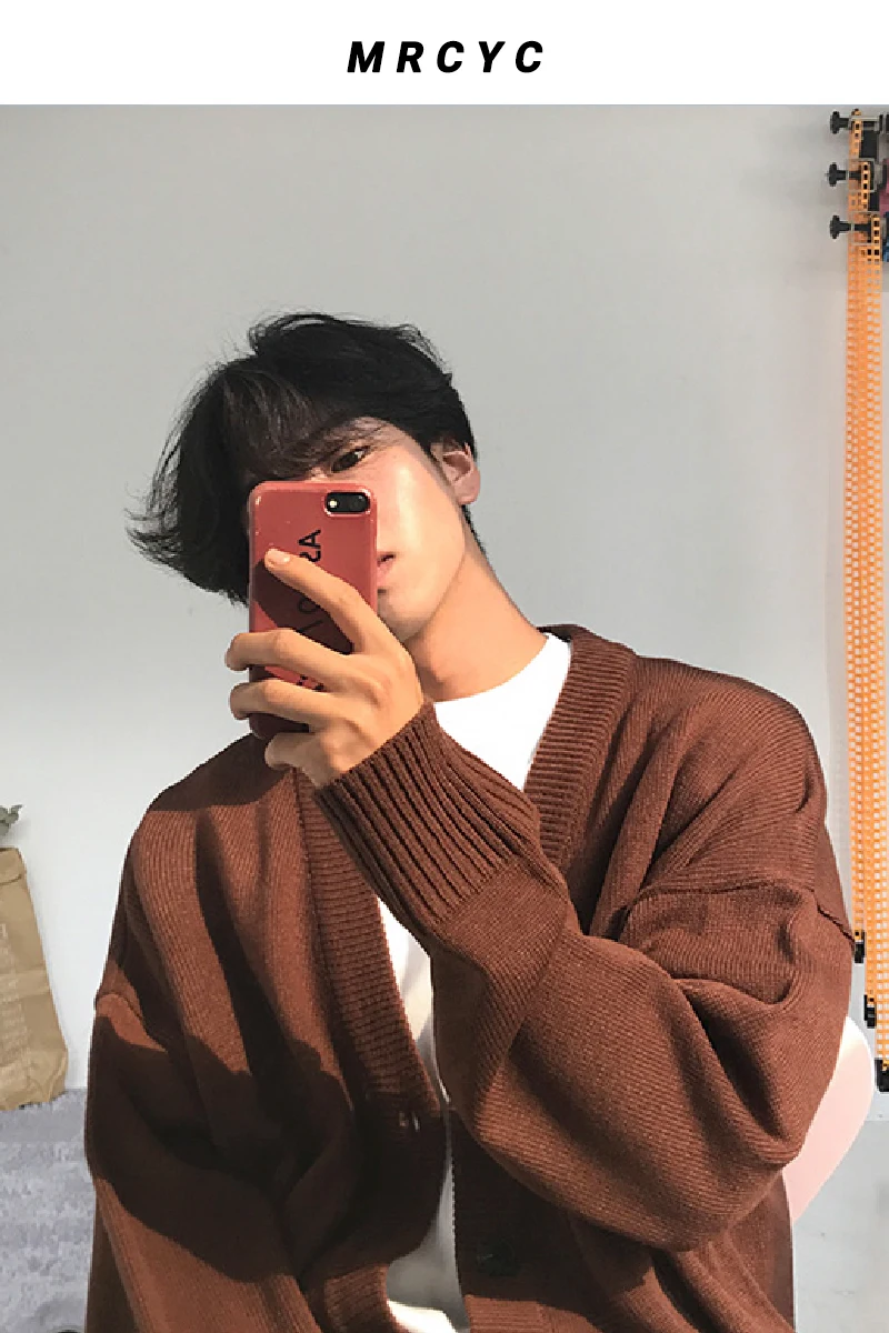 

Men's loose sweater v-neck single-breasted solid color knitted sweater cardigan jacket