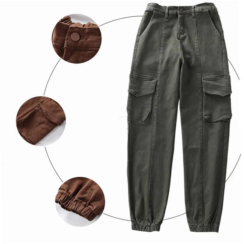 Women Plus Size Streetwear Extra Long Boyfriend Army Green Casual Denim Cargo Pants 7XL Elastic Waist Joggers Big Pocket Trouser | Женская