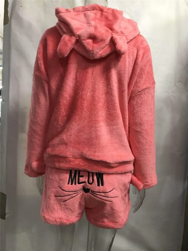 

Autumn Winter Tracksuit Women Two Piece Set Long Sleeve Hooded Top + Shorts Suits Coral Velour Lovely Warm Clothes Lounge Wear