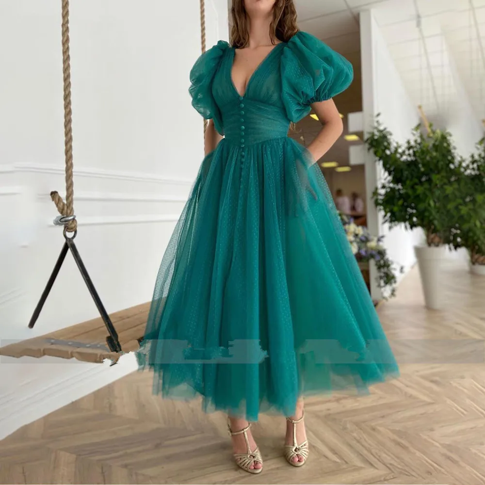 

Teal Green V-Neck Dotted Tulle Prom Dresses Puff Sleeves Ruched A-Line Wedding Party Dresses Buttoned Top Tea-Length Prom Gowns