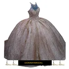 2022 блестящее прозрачное розовое Золотое бальное платье с лямкой на шее, милое официальное милое 15 платьев, длинное Дешевое платье с бисером на спине