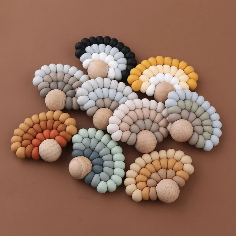 

1PC Baby Teethers Silicone Beads with Wooden Ball Food Grade Chewing Soother Colorful Infants Toddlers Shower Gifts Teething Toy