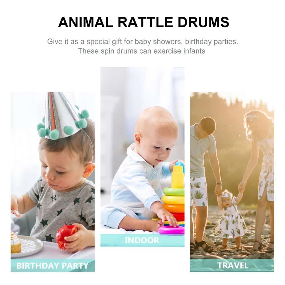 

5Pcs Baby Animal Rattle Drum Toys Early Education Wooden Cartoon Spin Drums