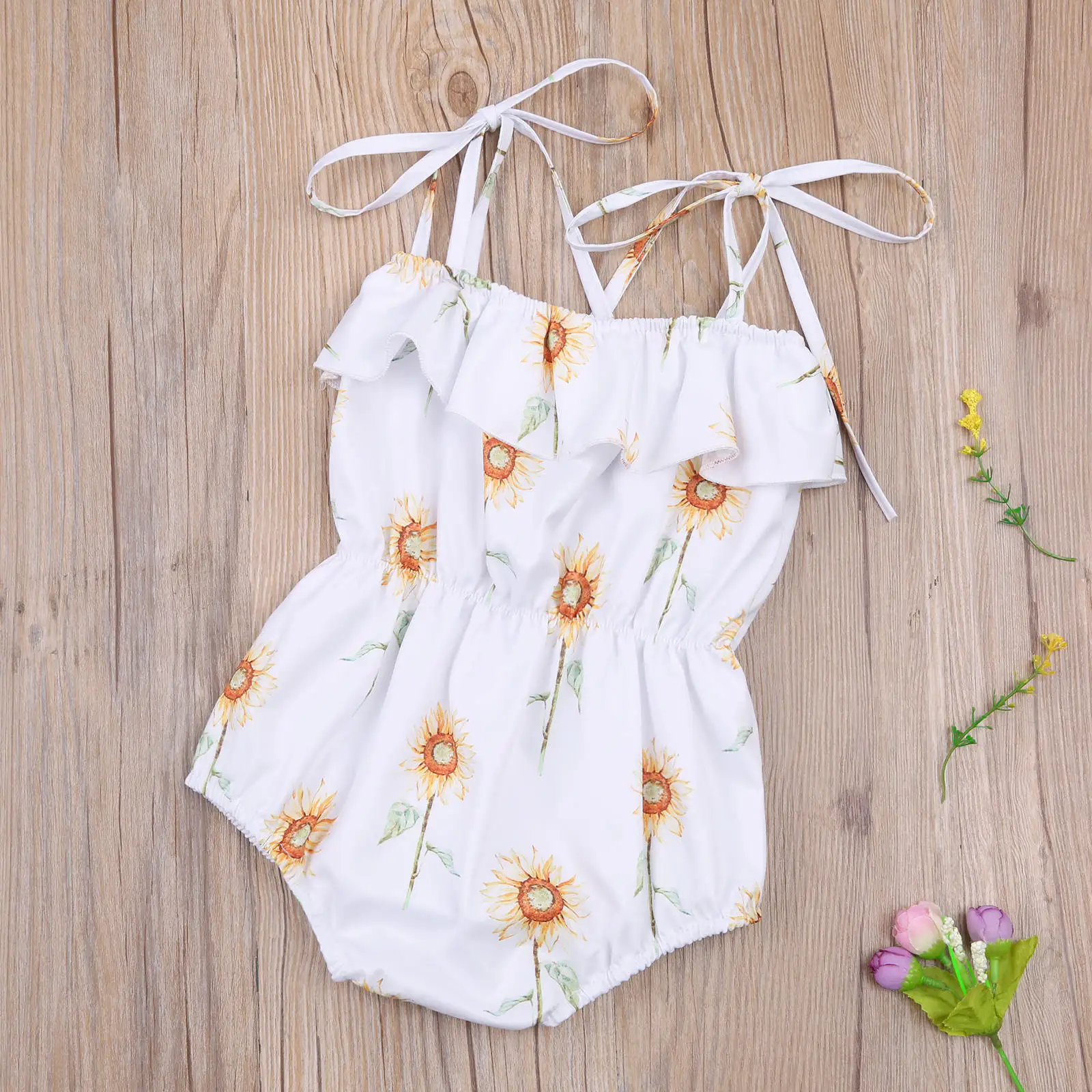 

Pudcoco 2021 Summer 0-24M Baby Girl Sunflower Print Ruffled Bows Spaghetti Straps Bodysuit Sleeveless Floral Toddler Clothes