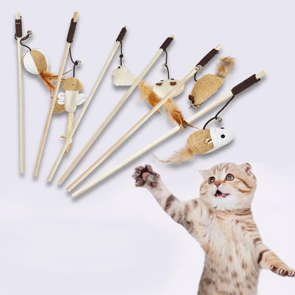 

Cartoon Pet Cat Teaser Toys Feather Wood Rod Mouse Toy With Mini Bell Cat Catcher Teaser Wooden Stick Cat Interactive Toys