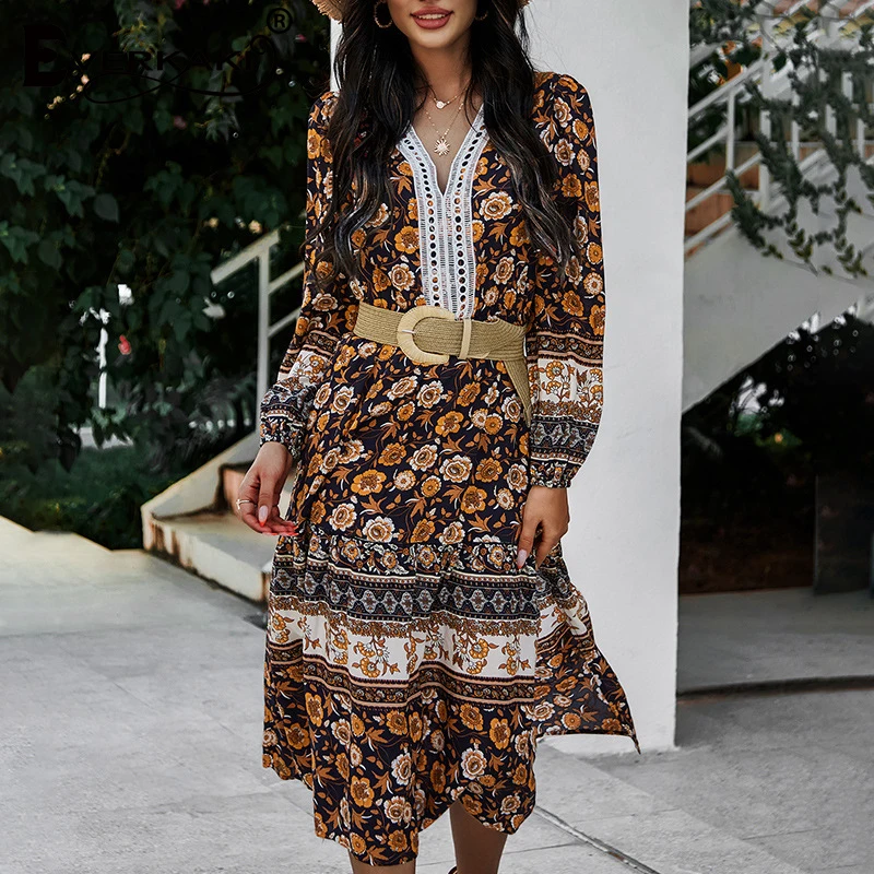 

Everkaki Bohemian Flower Print Maxi Dresses Women Summer Beach Lace Patchwork Oversize Long Sleeve Boho Long Dress Female 2021